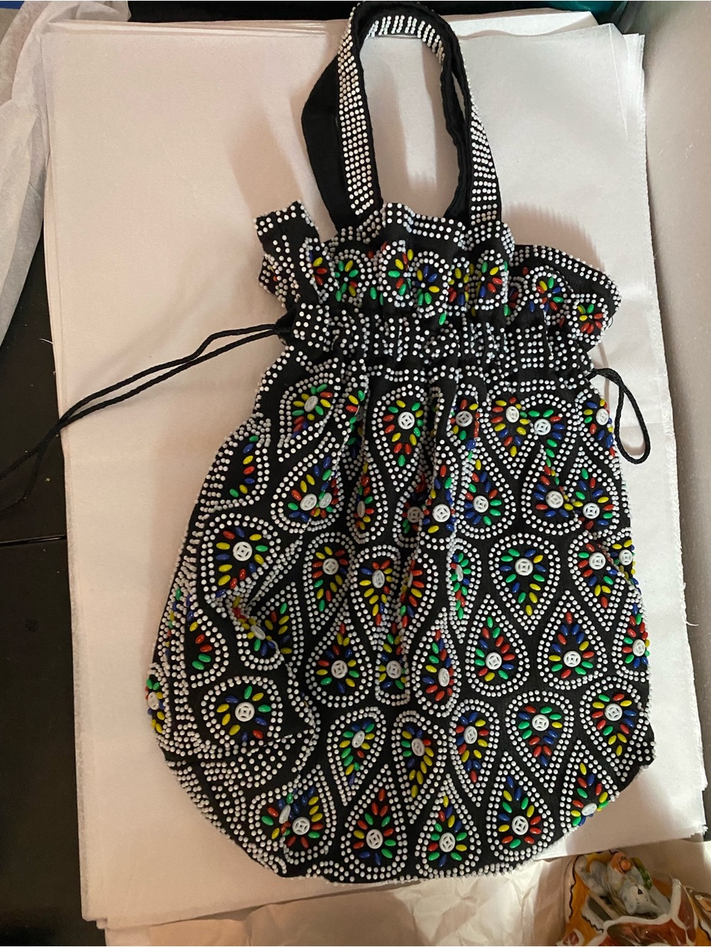 Vintage Black Multicolor Beaded Drawstring Shoulder Bag